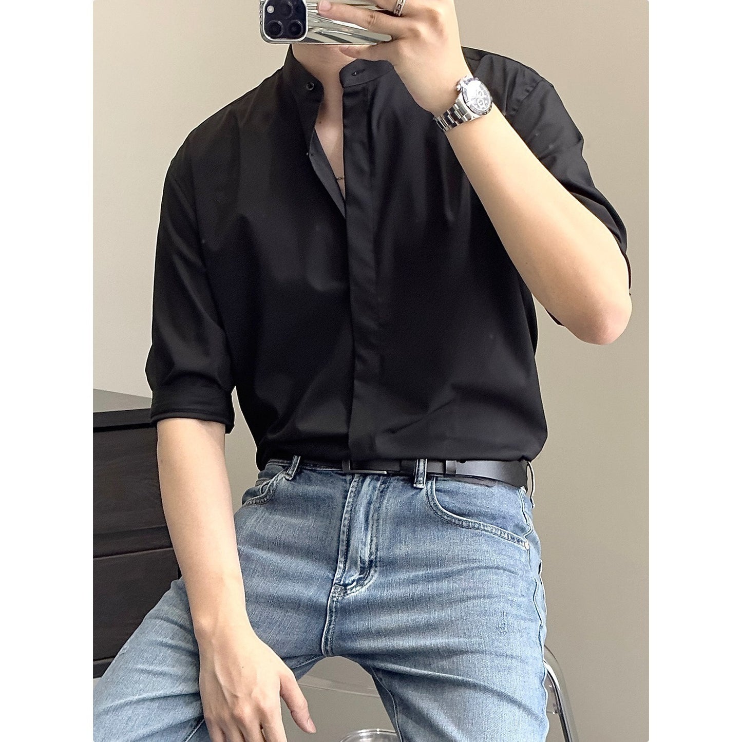 Men's Shirt Summer Stand Collar Shirt Half Sleeve Shirt Men
