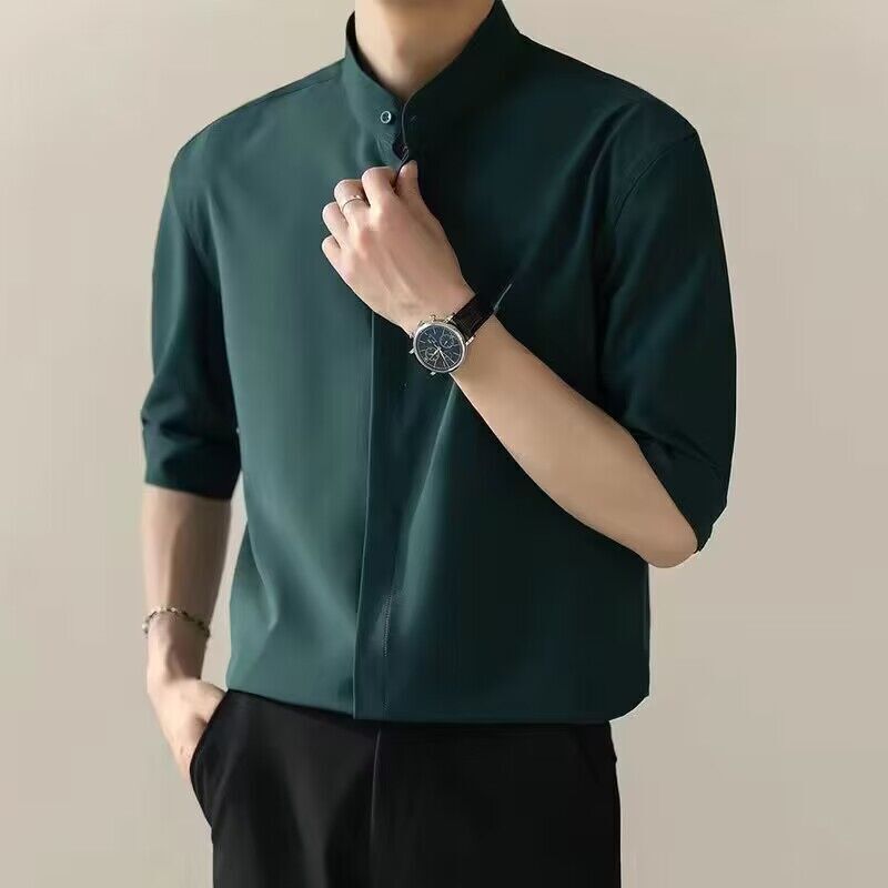 Men's Shirt Summer Stand Collar Shirt Half Sleeve Shirt Men