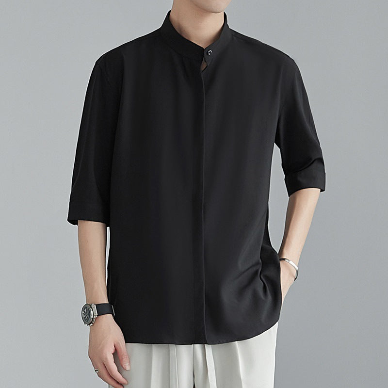 Men's Shirt Summer Stand Collar Shirt Half Sleeve Shirt Men