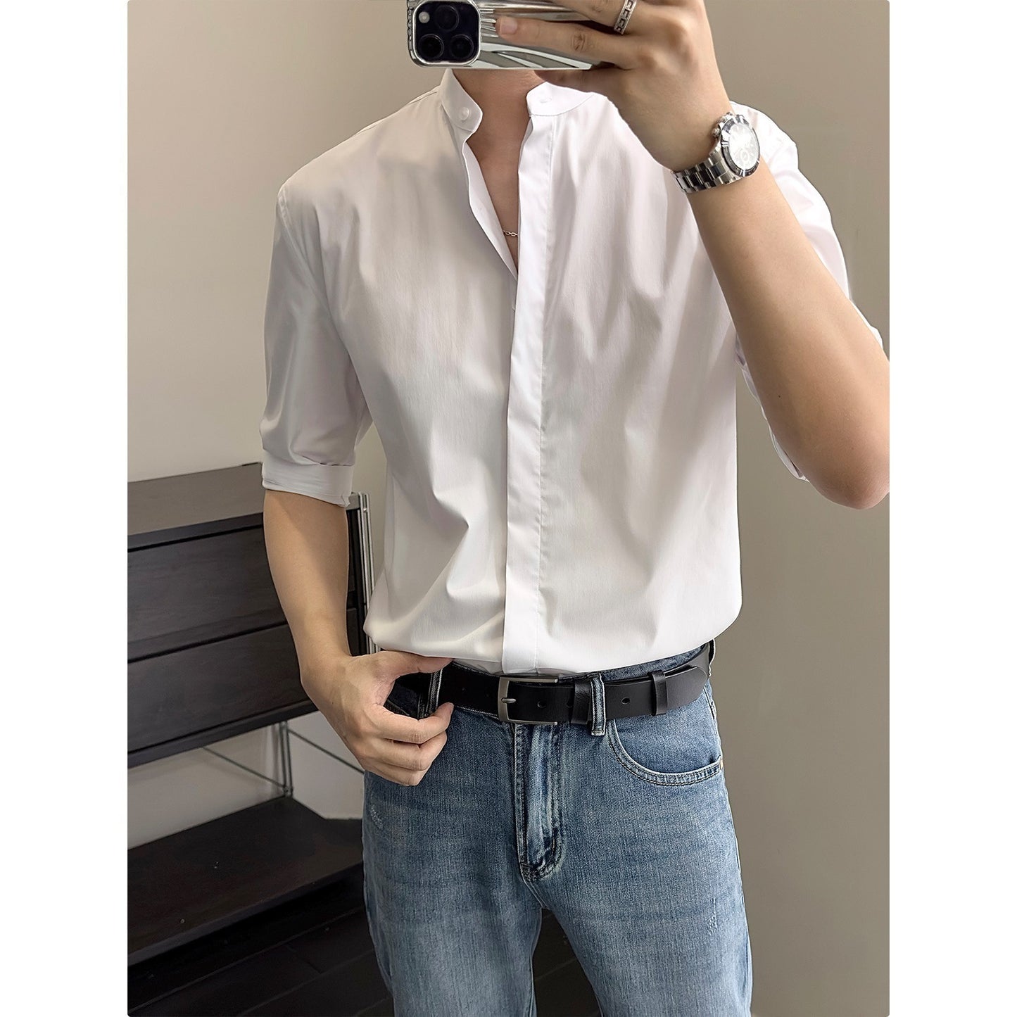 Men's Shirt Summer Stand Collar Shirt Half Sleeve Shirt Men