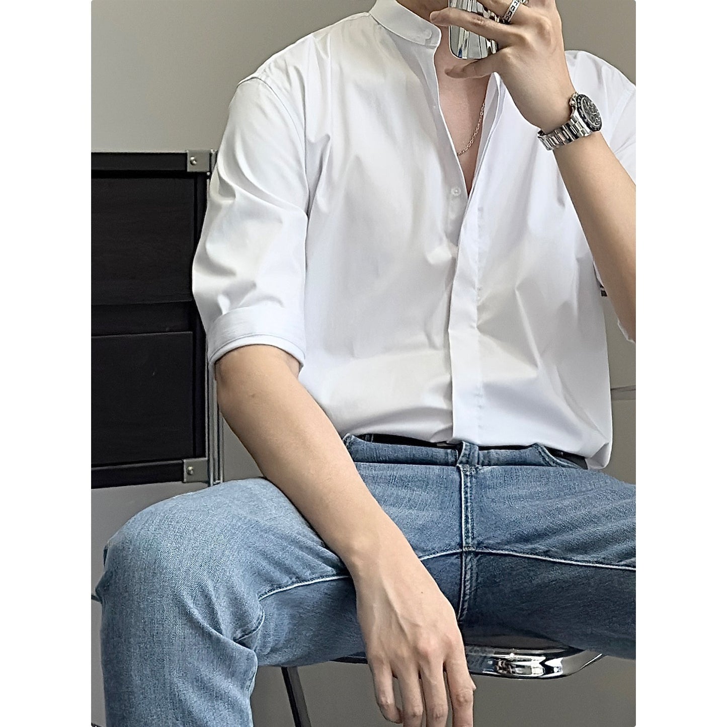 Men's Shirt Summer Stand Collar Shirt Half Sleeve Shirt Men