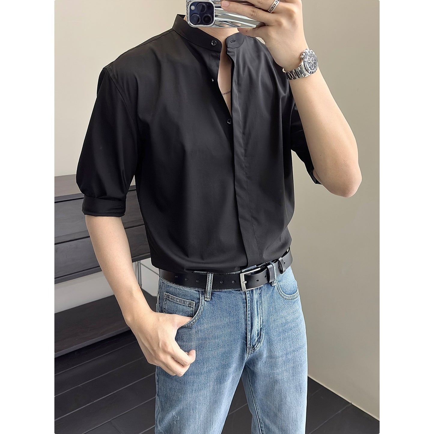 Men's Shirt Summer Stand Collar Shirt Half Sleeve Shirt Men