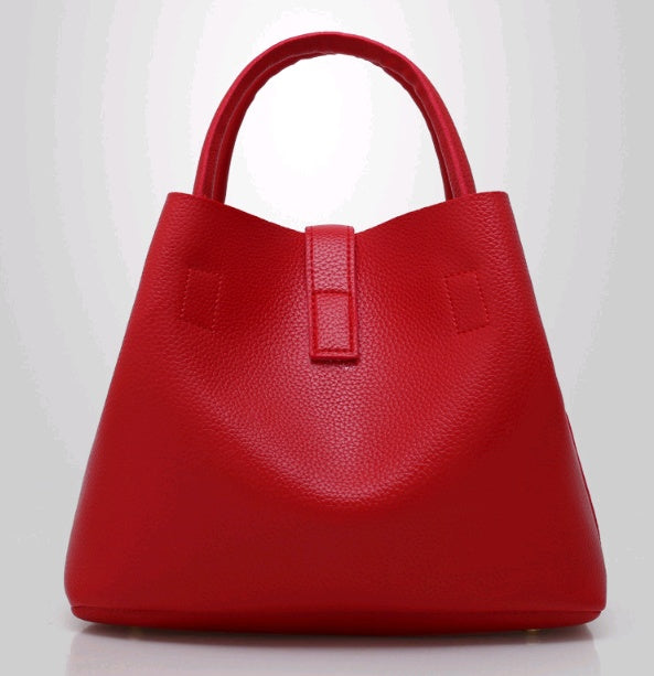 Women's bag shoulder bag thickening lychee pattern PU portable bucket bag women's mother Europe and America thick shoulder Messenger bag