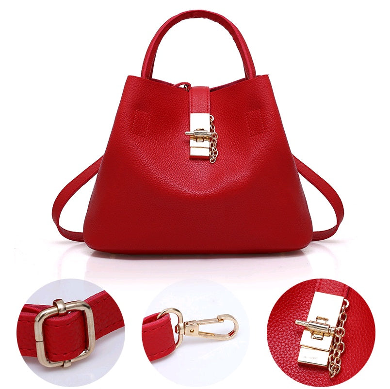 Women's bag shoulder bag thickening lychee pattern PU portable bucket bag women's mother Europe and America thick shoulder Messenger bag