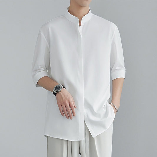 Men's Shirt Summer Stand Collar Shirt Half Sleeve Shirt Men